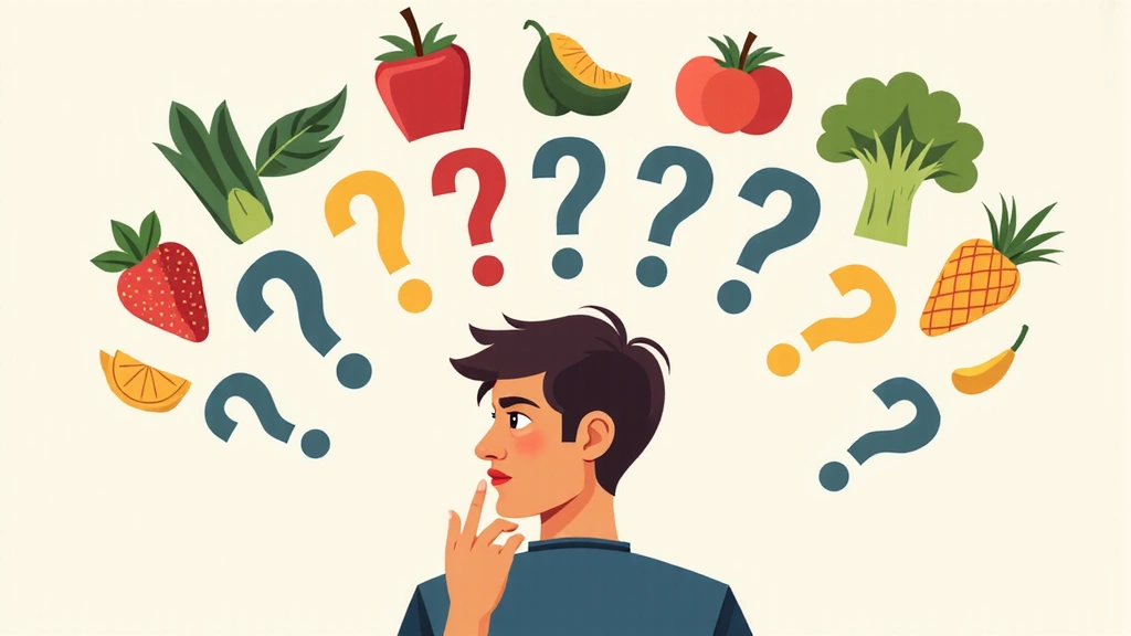 Eine nachdenkliche Person, die über gesunde Ernährung nachdenkt, umgeben von Fragezeichen und positiven Symbolen.